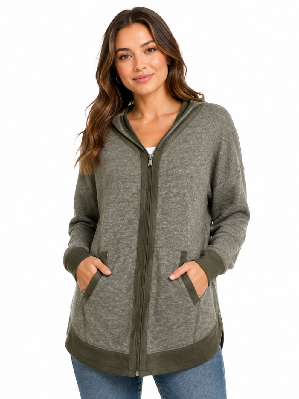 VENUS Olive Green Burnout Zip Up Hoodie Jacket Women’s M